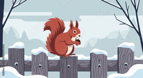 Vector illustration of a red squirrel with an acorn on a snowy fence in a winter forest scene