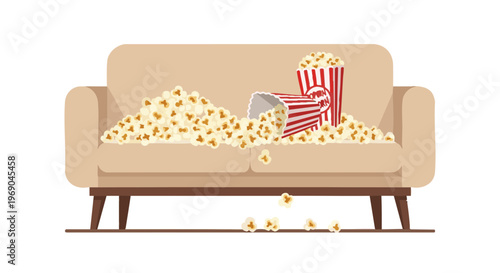Vector illustration of a messy couch covered in spilled popcorn from red and white striped boxes