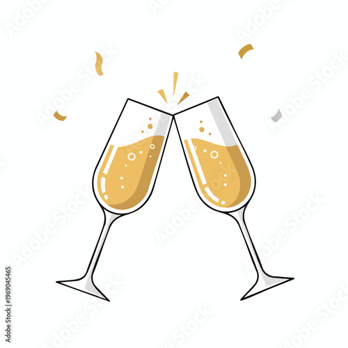Two champagne glasses clinking, with bubbles and confetti for celebration