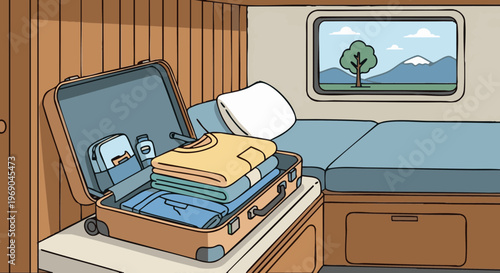 Open suitcase with packed clothes in a camper van for a road trip