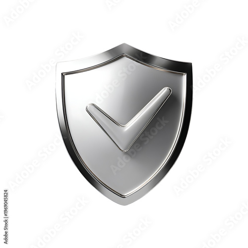 light gray metal shieldshaped 3D icon with silver metalic check mark in the center metalic reflective finish with realistic highlights and shadows border minimalist sty