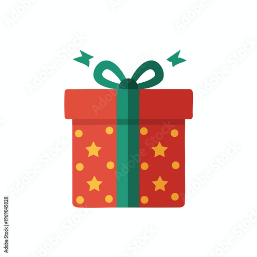 A red gift box with yellow stars and teal ribbon, featuring small teal bursts