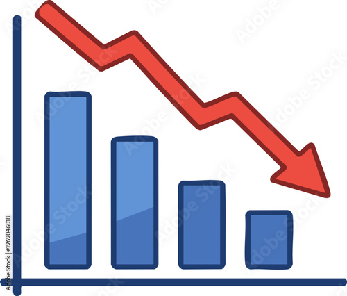 Economic Downturn: Visual representation of financial decline with a red arrow pointing downwards, illustrating falling market trends and economic instability.
