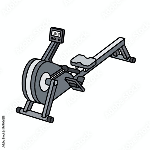 Isometric drawing of a grey rowing machine with digital display and black outline