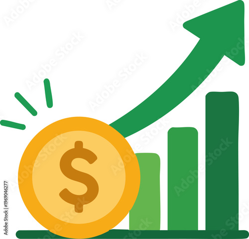 Financial Growth and Investment: Illustrative depiction of a dollar coin with a upward trending graph symbolizes investment potential, business success and financial growth.