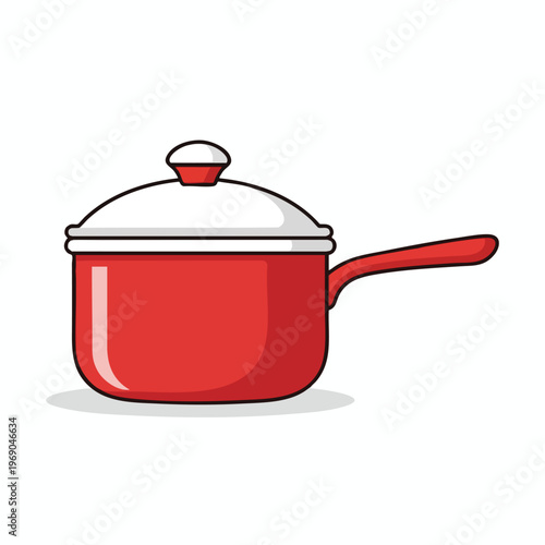 A simple, red, lidded saucepan with a long handle casts a slight shadow