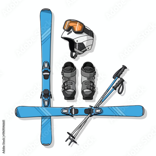 Blue skis, white helmet, orange goggles, grey boots, and poles