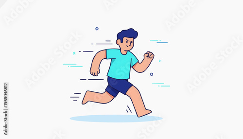 Dynamic cartoon illustration of a determined man actively running, depicting speed, fitness, and energetic movement