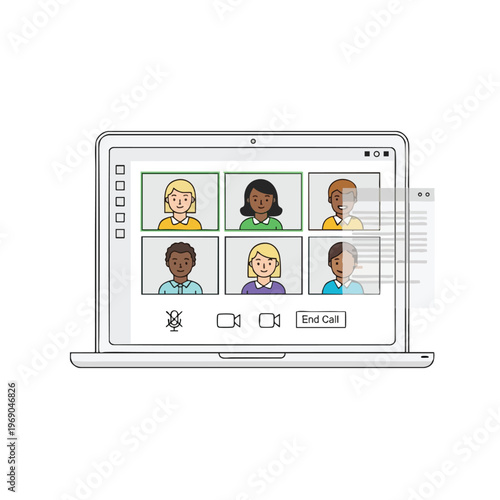 Laptop displays a video conference call with six participants and control buttons