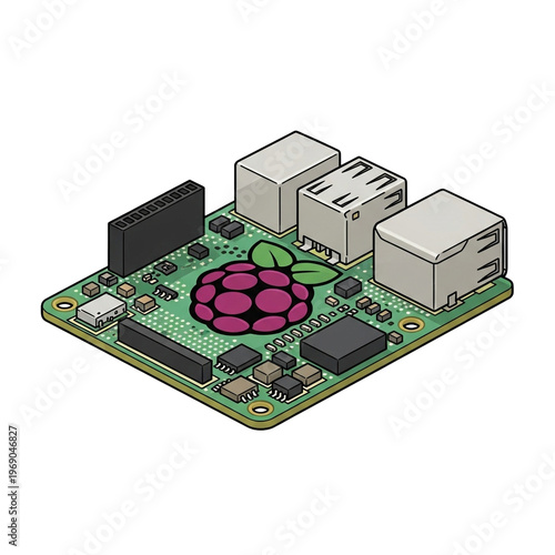 Computer circuit board with raspberry pi logo and usb ports, digital illustration