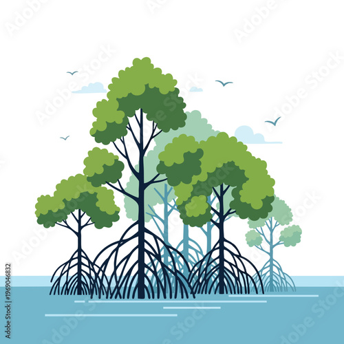 Lush green mangrove trees with complex root systems emerging from tranquil blue water, under a clear sky