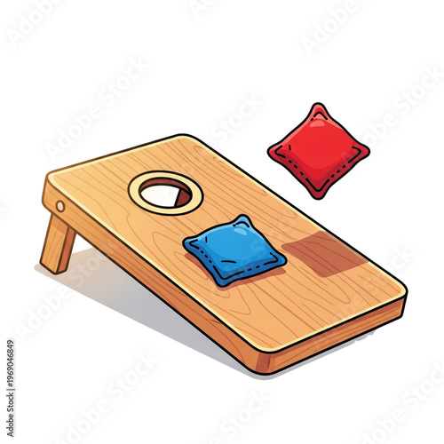 Cornhole game board with blue and red bean bags, illustration of outdoor leisure activity and competition