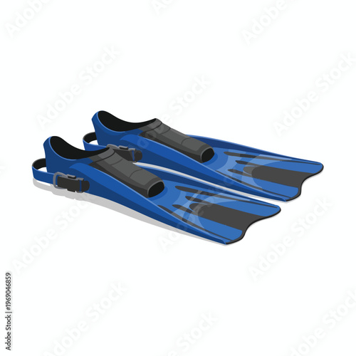 A pair of blue and black swim fins with gray accents, angled on a white background