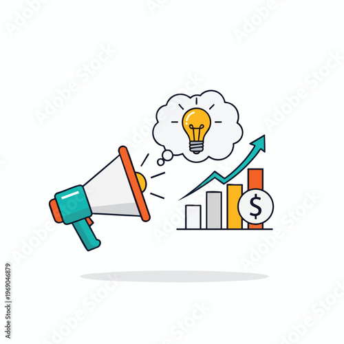 Megaphone announces rising graph with lightbulb idea and dollar sign