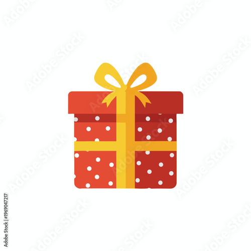 A red, polka-dotted gift box with a yellow ribbon and bow
