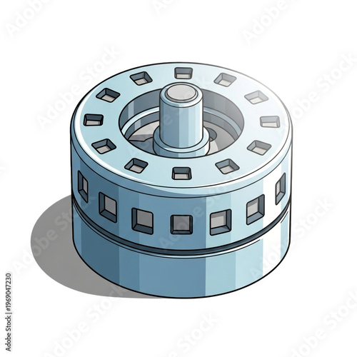 Detailed 3d illustration of a cylindrical mechanical component with a central shaft and patterned openings, representing engineering and industrial design.