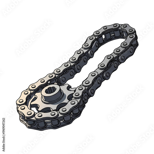Detailed illustration of a silver metal roller chain and sprocket mechanism, showcasing interlocking parts and industrial design.