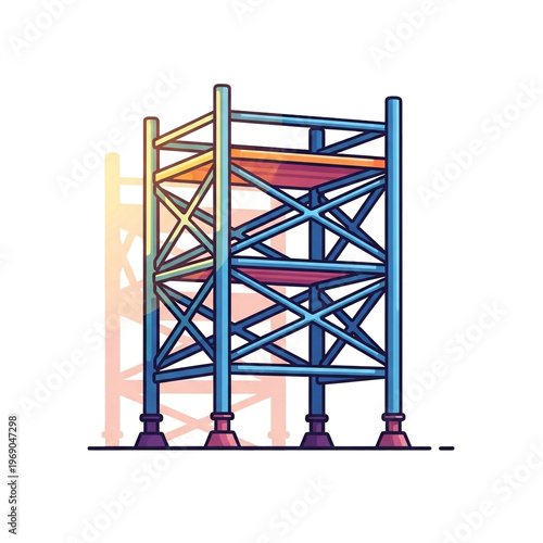 Detailed illustration of a sturdy blue metal scaffolding structure with orange platforms, designed for construction and industrial use.