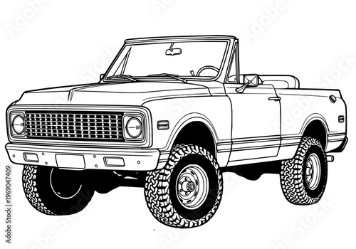 Vintage Convertible 4x4 Off-Road SUV Line Art - Classic Open Top Retro Truck Illustration Vector