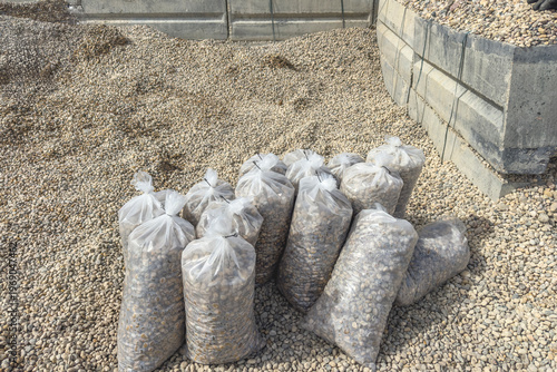 Gravel stones bags for landscaping project