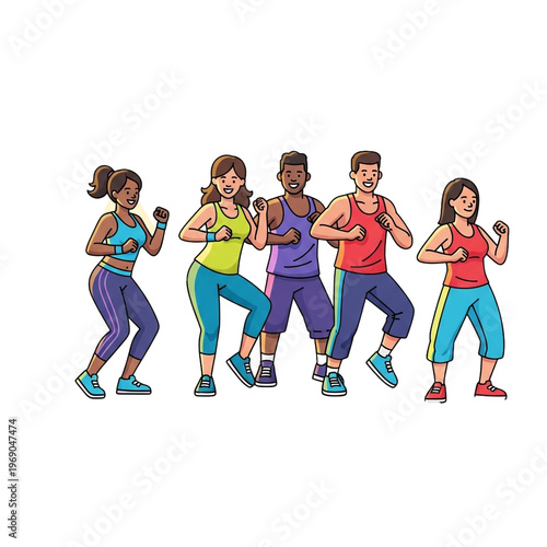 Diverse group of people joyfully participating in a vibrant dance fitness class, performing synchronized energetic movements.