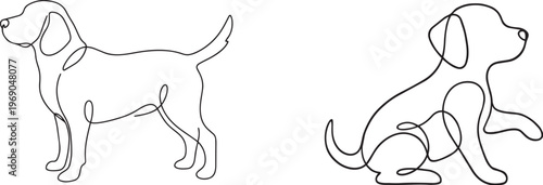 Continuous line art vector illustration set of a standing dog and a sitting puppy