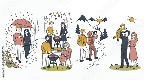 Various company managers and executives enjoying outdoor activities like hiking, grilling barbecue and family play time, concept for work life balance, corporate vacation and mental health