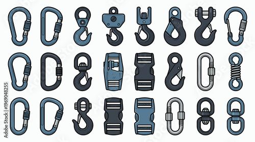 Collection of various industrial metal hardware items including carabiners, hooks, buckles and locking shackles, concept for safety equipment catalog, rigging services and outdoor gear branding