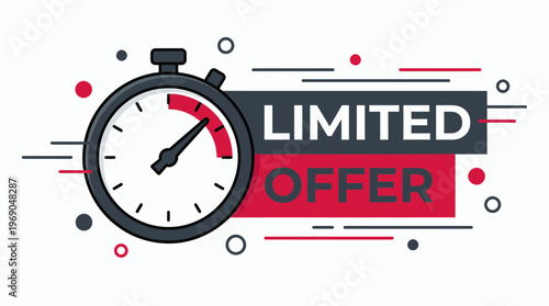 Stopwatch icon graphic with limited offer text on white background with red and dark gray accents, concept for promotional banner, marketing discount and flash sale event