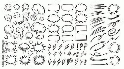 Hand drawn collection of comic speech bubbles, smoke explosions, lightning bolts and doodle arrows on white background, concept for graphic design, comic book creation and storyboard design