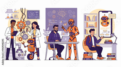 Robotics engineers and data analysts collaborating with humanoid robots in lab and office settings, concept for future technology, artificial intelligence and innovative digital education