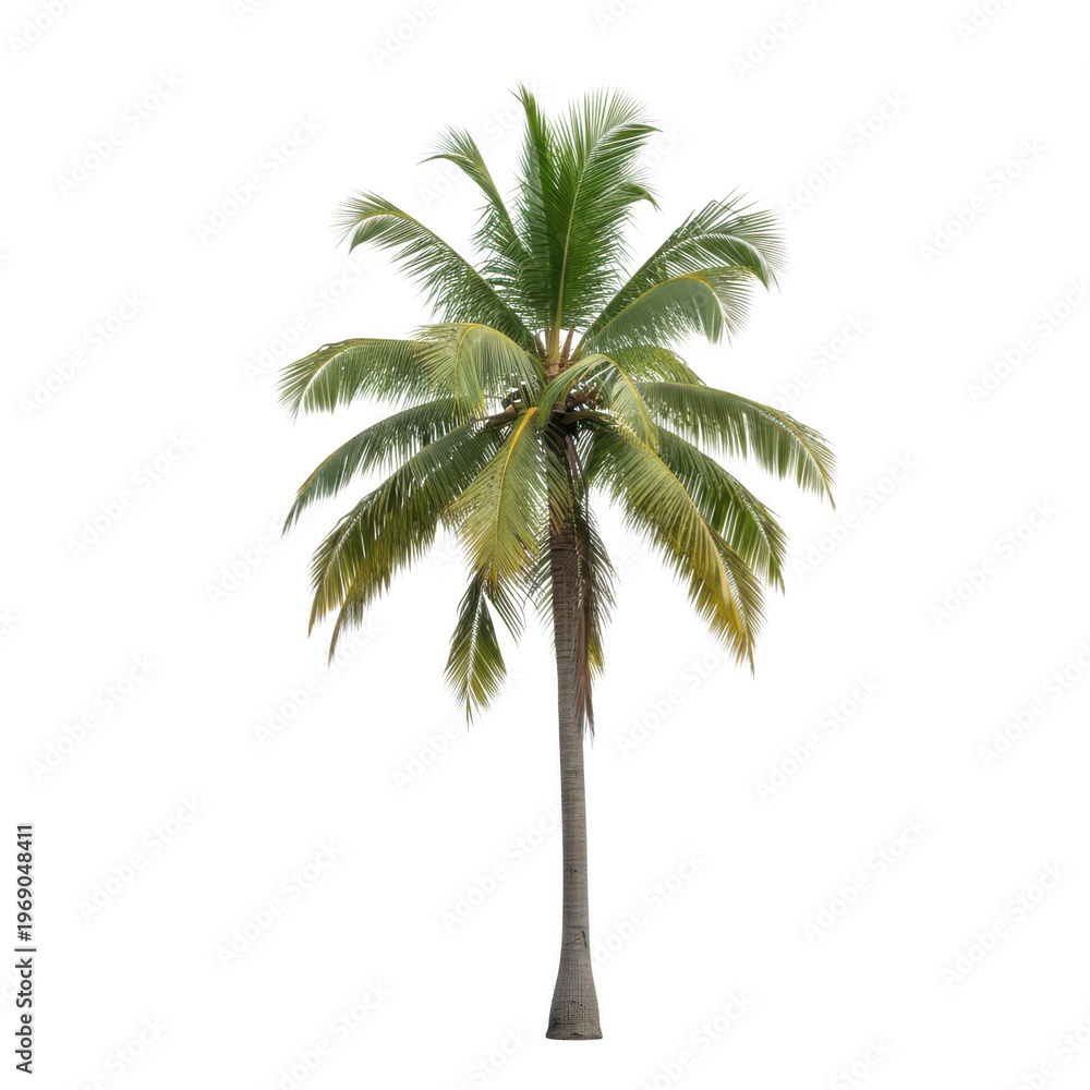 Obraz premium A single tall palm tree with green leaves standing against a white background