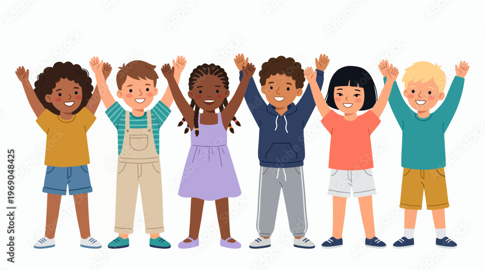 Obraz premium Diverse group of multiethnic happy children standing together with raised hands in flat cartoon style, concept for educational poster, international friendship day and kids welfare promotion