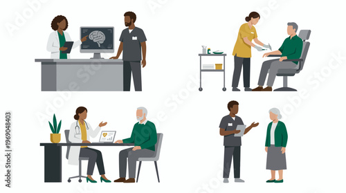 Diverse medical professionals including neurosurgeons, nurses and physicians consulting with elderly patients in clinic, concept for healthcare services, elderly care and medical consultation