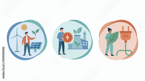 Flat illustration of environmental specialists working with solar panels wind turbines and eco factory, concept for renewable energy green technology and sustainable business development