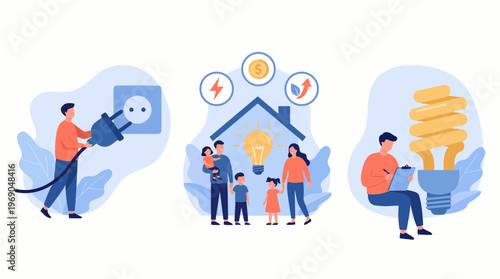 Happy family and energy consultants managing household electricity efficiency and sustainable resources together, concept for smart energy saving, green lifestyle and utility cost reduction
