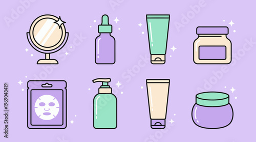 Skincare product icons set featuring serum dropper, facial mask, cream jars, tubes and vanity mirror on purple background, concept for beauty routine infographics, cosmetic marketing and spa branding