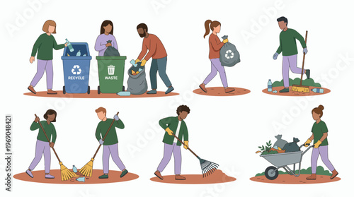 Diverse corporate managers and staff cleaning environment by recycling waste and sweeping trash on white background, concept for eco friendly project, social responsibility and volunteering