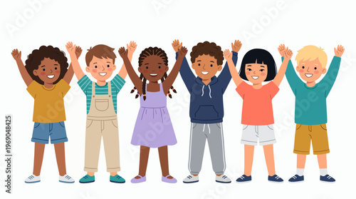 Diverse group of multiethnic happy children standing together with raised hands in flat cartoon style, concept for educational poster, international friendship day and kids welfare promotion