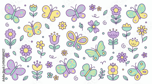 Collection of cute hand drawn pastel butterfly and floral doodle icons on white background, concept for spring stationery design, nursery textile printing and kids room wall art decor