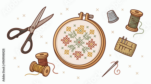 Sewing and embroidery tools including wooden hoop cross stitch scissors and colorful spools of thread, concept for handmade crafting, creative hobby and needlework workshop kit advertisement