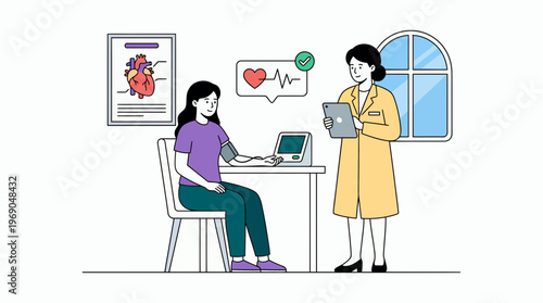 Professional physician measuring blood pressure of female office manager using digital monitor in a modern clinic, concept for healthcare insurance, employee wellness and medical checkup