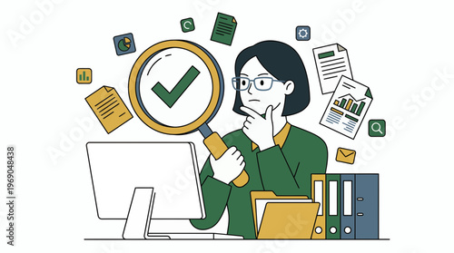 Professional female financial auditor analyzing digital documents with a large magnifying glass and checkmark at her office desk, concept for quality assurance, data validation and reporting