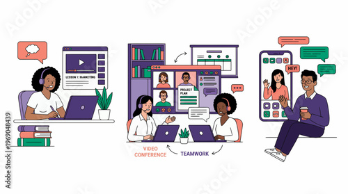 Diverse marketing specialists and project managers conducting video conference calls and online learning through laptops, concept for remote collaboration, digital training and business communication