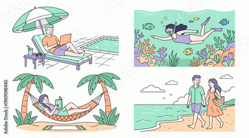 Creative director working by pool while marine biologist snorkels and copywriter reads on hammock, concept for work-life balance, remote employment and luxury tourism marketing
