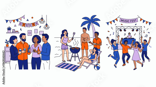 Diverse group of marketing managers and designers enjoying office party, beach barbecue and outdoor music festival, concept for corporate team building, company culture and social events