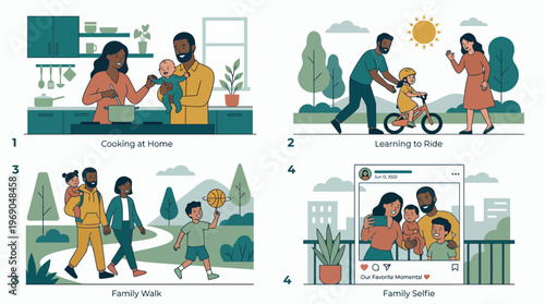 Happy diverse manager parents enjoying daily life activities like cooking, biking, hiking and social media selfie, concept for work life balance, parenting and healthy lifestyle blog