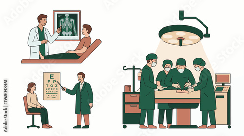 Medical team of professional surgeons performing surgery and doctors conducting patient health checkups with xray and eye exam, concept for healthcare services, medical infographic and wellness blog