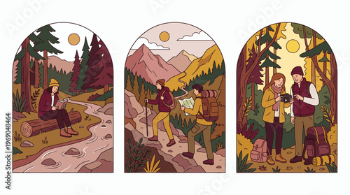 Set of creative entrepreneurs and project managers enjoying nature hiking through mountains and reading by a river, concept for work-life balance, outdoor retreat and digital nomad lifestyle