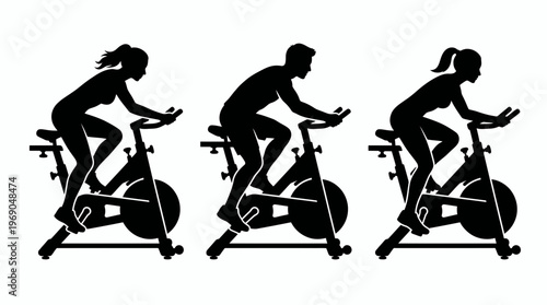 Silhouettes of professional office workers and corporate employees training on stationary exercise bikes in a modern gym, concept for employee wellness, executive health and office lifestyle
